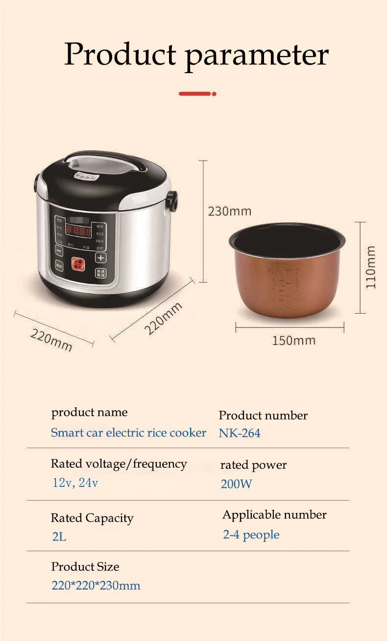 12V 24V Mini Rice Cooker Car Truck Soup Porridge Cooking Machine Food Steamer Heating Lunch Box Meal Heater Warmer 1L / 2L - Ode