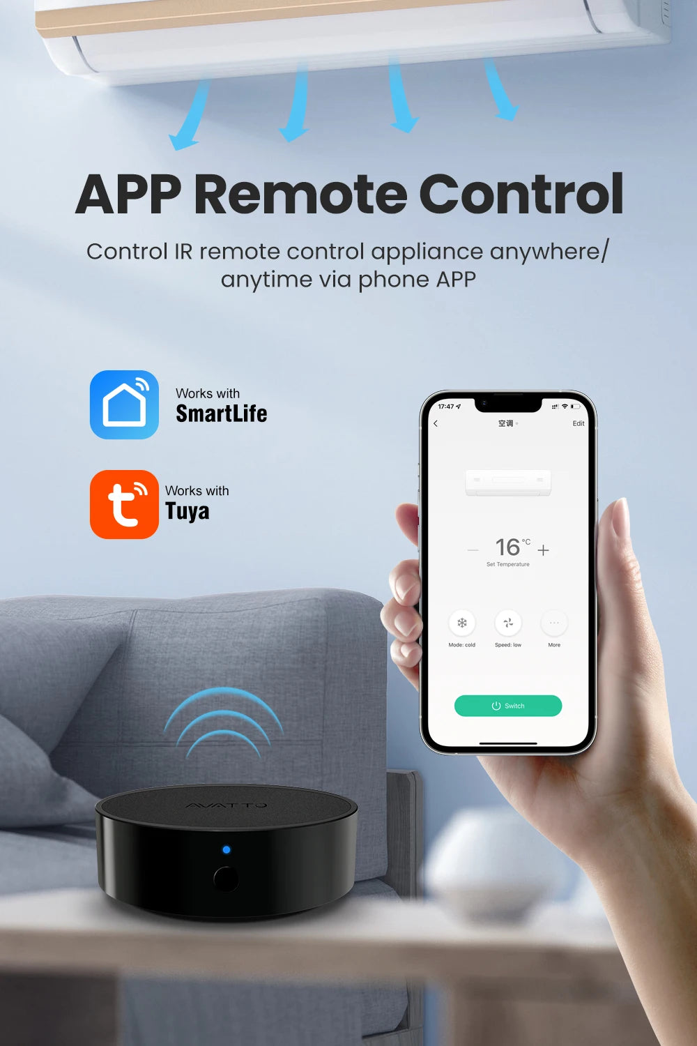AVATTO Tuya WiFi IR Remote Control Smart Home Infrared Controller for Air Conditioner ALL TV LG TV Support Alexa Google Home